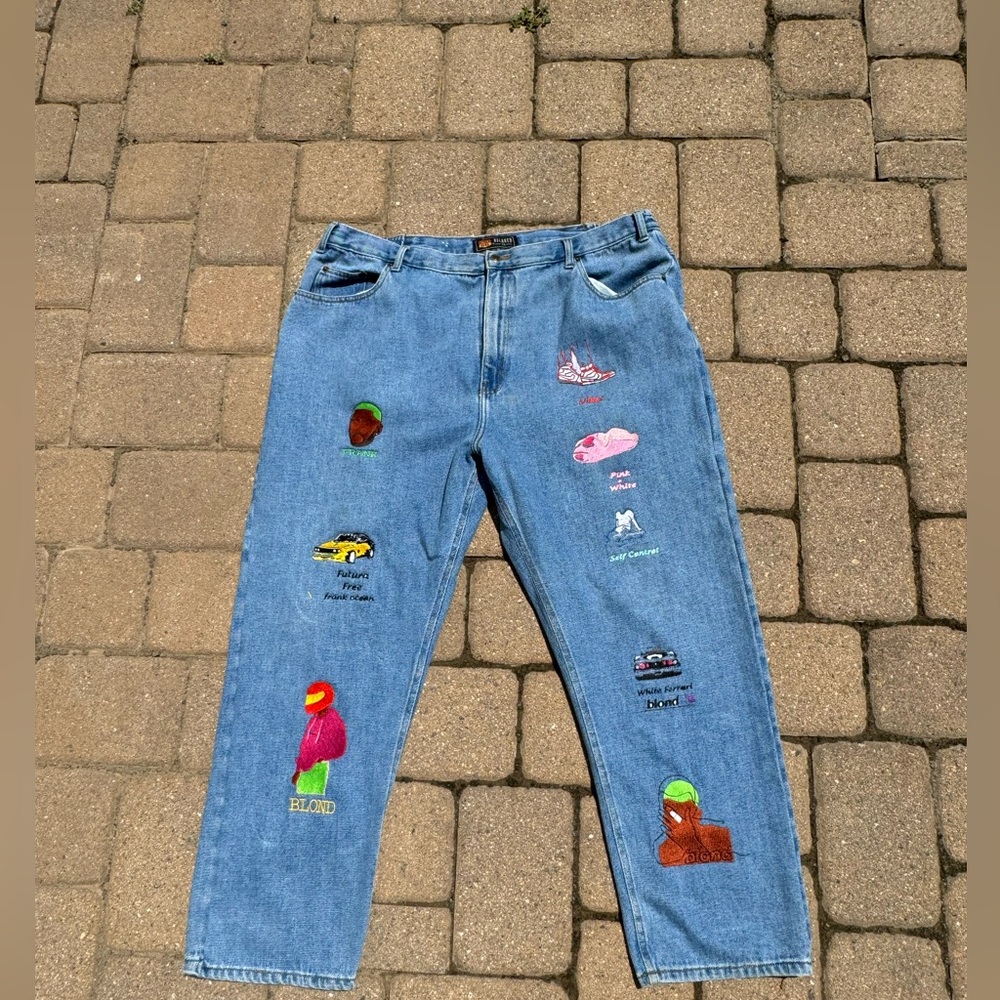 Vintage Route 66 relaxed fit blue jeans with custom frank ocean patches